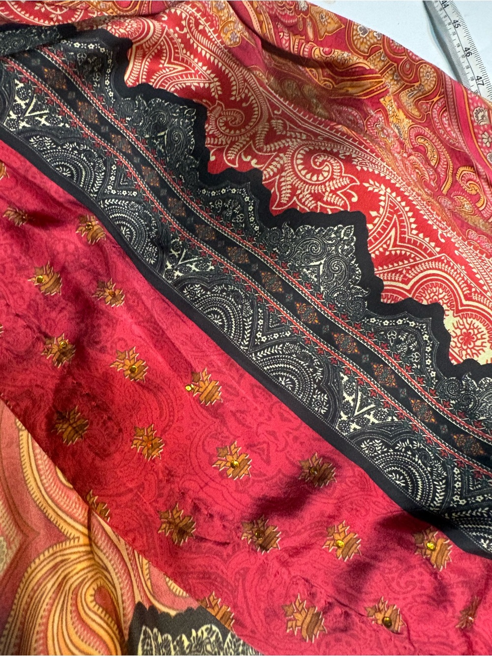 intricately printed red kaftan featuring traditional paisley maxi dress lounge - Picture 7 of 12